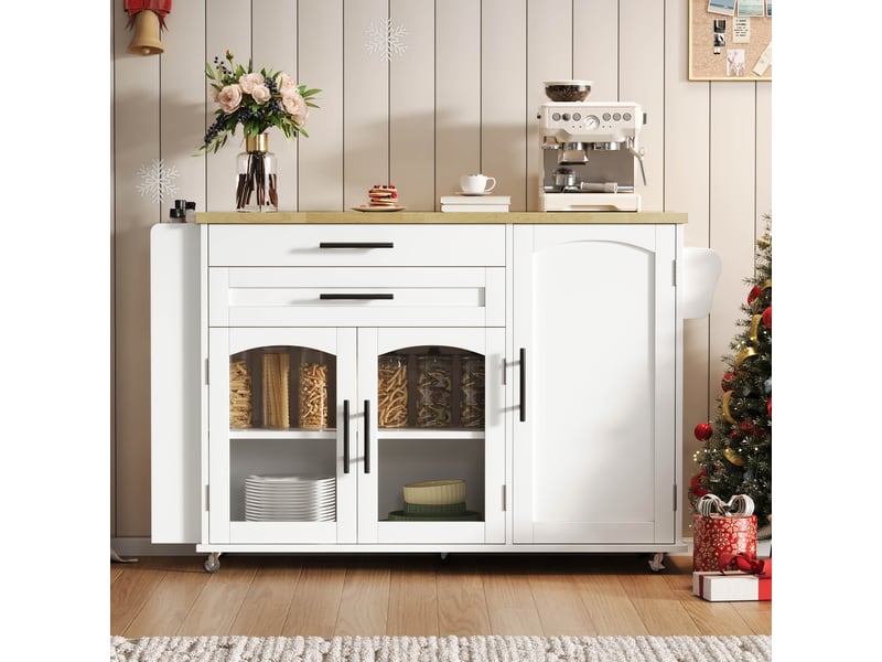  Îlot de cuisine mobile avec plan de travail rabattable, chariot de cuisine en mdf, blanc et bois naturel, 138x70x90 cm  - Conforama E