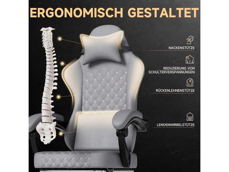 Fauteuil gaming ergonomique avec fonction massage, repose-pieds et dossier inclinable, gris, 58,5 x 63 x 120,5 cm Fay Lum - Conforama D