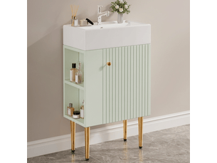 Meuble sous vasque 55 cm avec vasque en céramique, petit meuble pour toilettes invités, meuble de salle de bain blanc