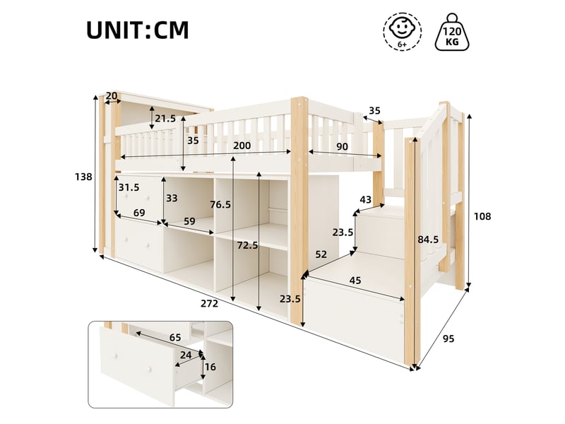  Lit mezzanine 90x200 cm – avec escalier rangement étagères led et usb – pin massif et mdf – naturel CozyNest - Conforama C