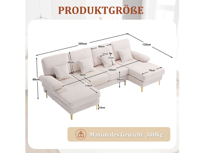 Canapé panoramique en u 4 places avec led et port usb-c, 4 coussins, dossier ergonomique, velours côtelé beige - Conforama E