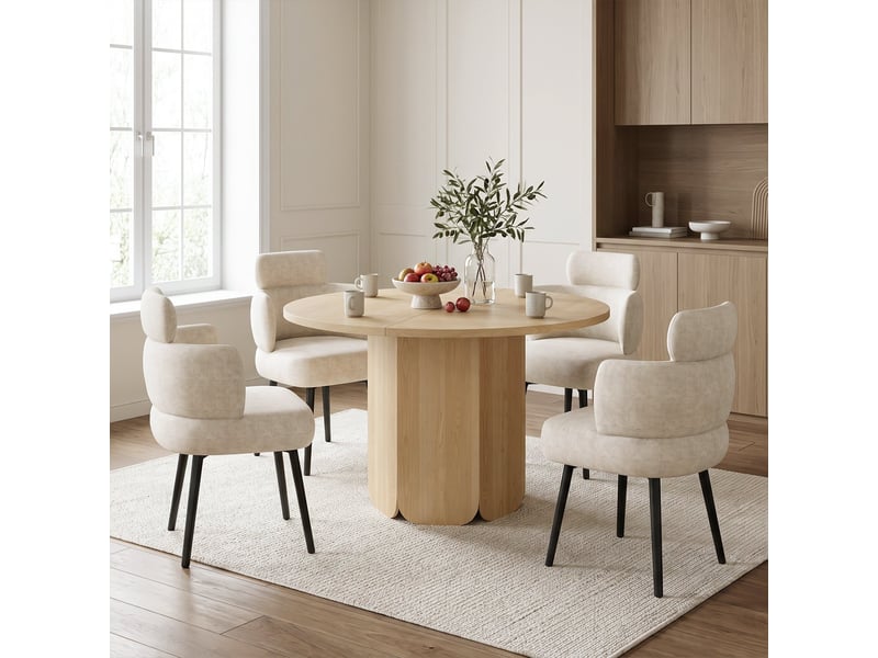  Ensemble table ronde 120 cm + 4 chaises pivotantes 360° avec accoudoirs, chenille blanc crème, coloris chêne, style scandinave, 4-6 personnes  - Conforama R