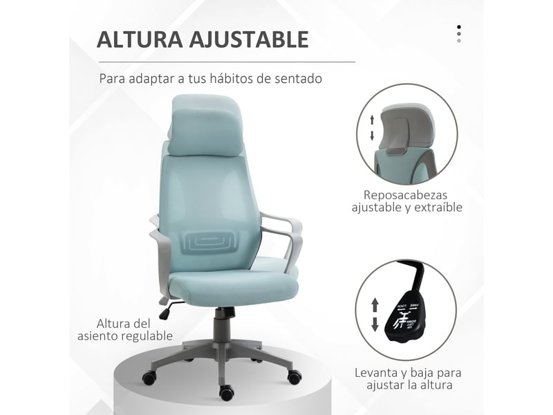 Chaise de bureau réglable avec accoudoirs, appui-tête et fonction inclinable, capacité de charge 120 kg, 64 x 55 x 116-126 cm, bleue - Conforama E