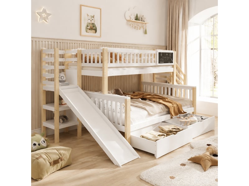  Lit superposé enfant blanc et bois naturel avec toboggan, escalier et rangements 90 x 200 cm et 140 x 200 cm  - Conforama D