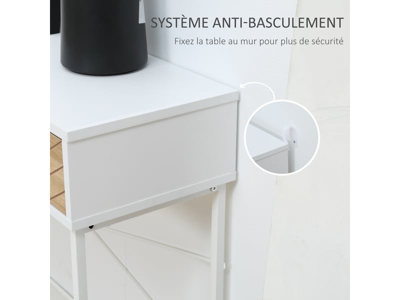  Table console industriel 2 tiroirs aspect bois de chêne sculpté motif à chevrons métal piètement blanc  - Conforama W