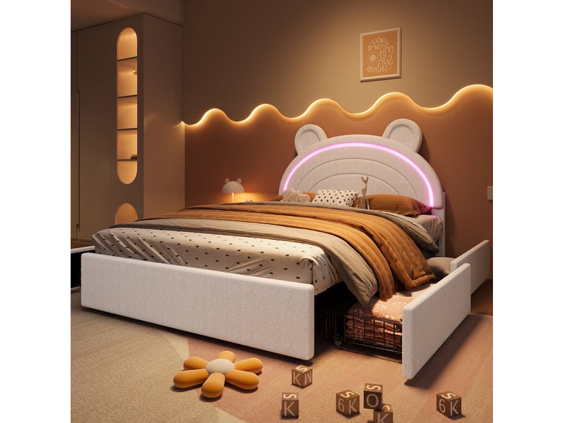  Lit avec rangement enfant 140x200 cm en velours beige avec 4 tiroirs et éclairage led  - Conforama B