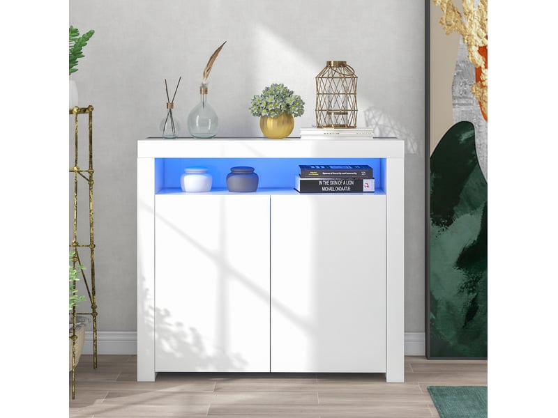  Buffet ulevr de rangement à 2 portes avec led et espace ouvert, 108 x 40 x 92 cm, blanc brillant, alimentation usb  - Conforama B