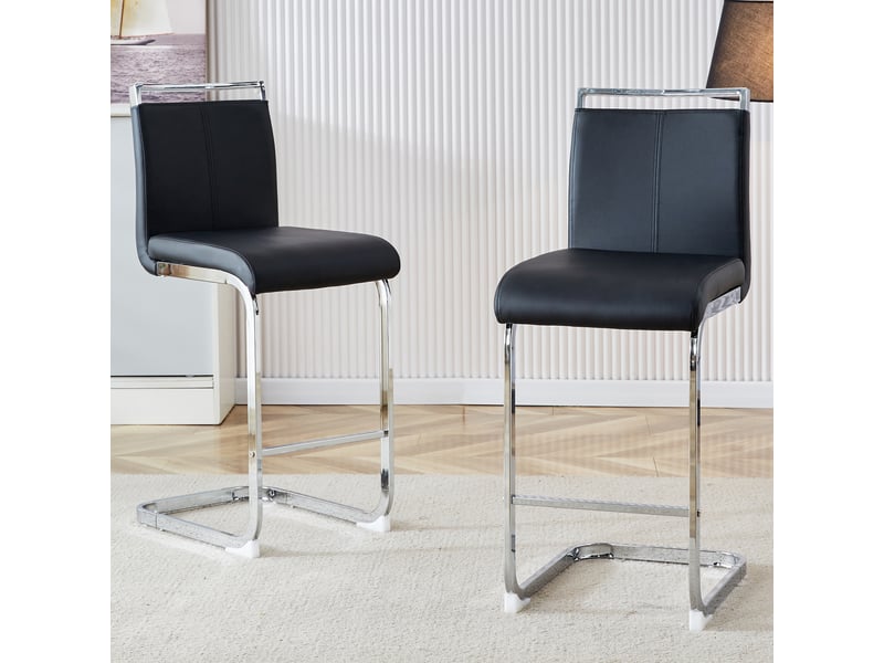 Tabourets de bar lot de 2 avec repose-pieds - lpospi - assise et dossier en pu, pieds métal argenté - noir - Conforama B