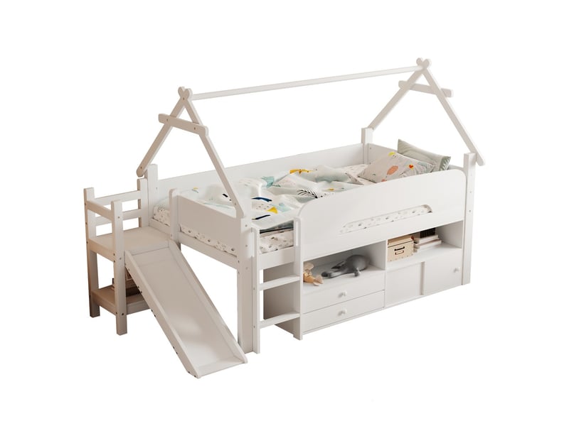  Lit enfant 90x200 cm forme toit toboggan tiroirs barrière sécurité espace jeu rangement bois massif blanc  - Conforama A