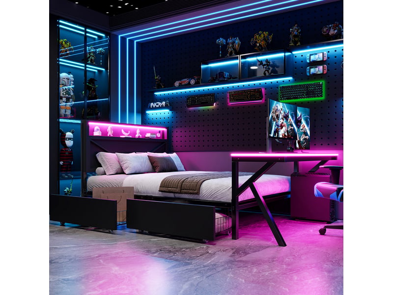 Lit enfant gaming 140x200 cm, 2 tiroirs, usb, en mdf, métal, noir, bureau éclairage led, tête de lit éclairage led, sans matelas - Conforama D