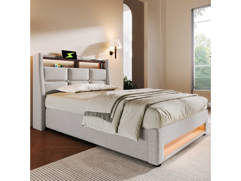  Lit coffre led 90x200 cm, 2 ports usb, tête de lit avec étagère, sommier relevable, tissu beige C-DEGAYUN - Conforama B