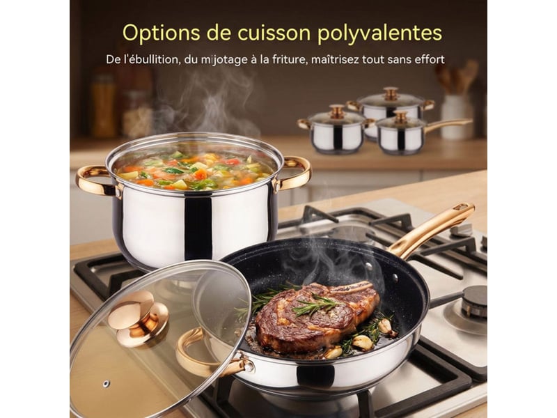  Set de 6 casseroles inox 201 avec couvercles verre teinté finition dorée base 5 couches compatible induction 414350_AABYE66833_6_DROPFR - Conforama E