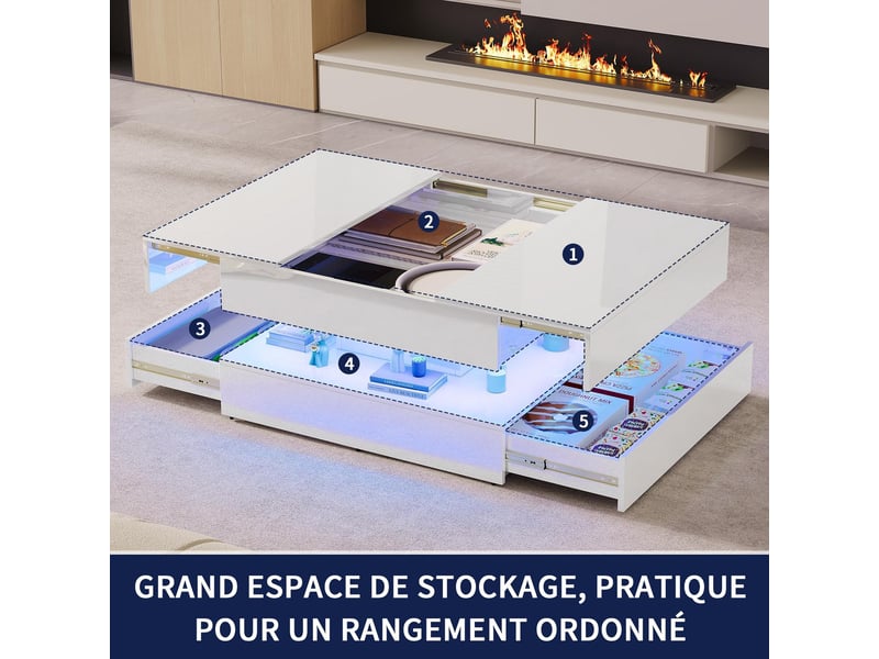  Table basse carrée 78x78x43 cm – éclairage led rgb intelligent  -grand espace de rangement innovant – blanc  - Conforama B