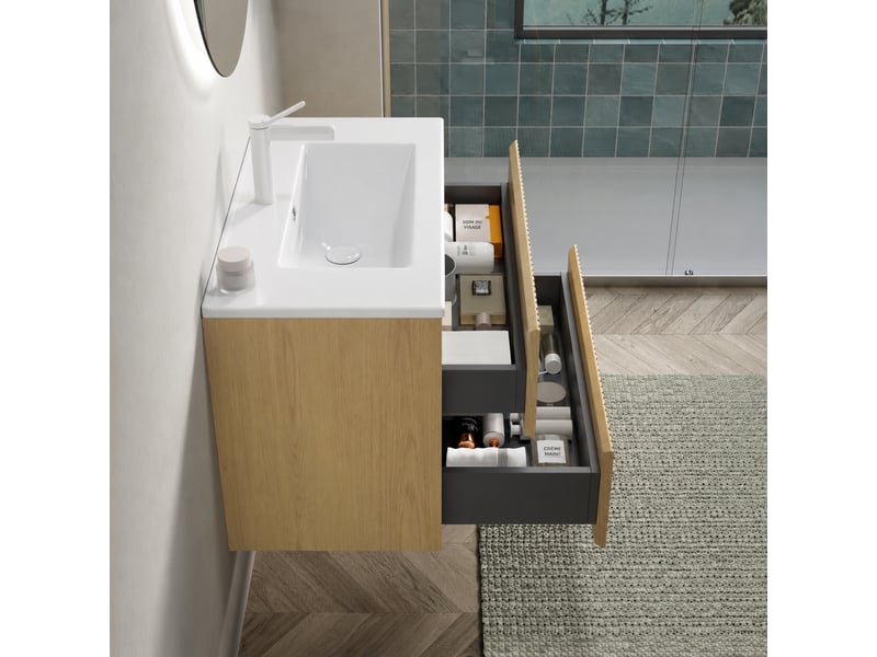  Meuble vasque suspendu 75 cm avec vasque intégrée en céramique blanche, 2 tiroirs, chêne doré  - Conforama B