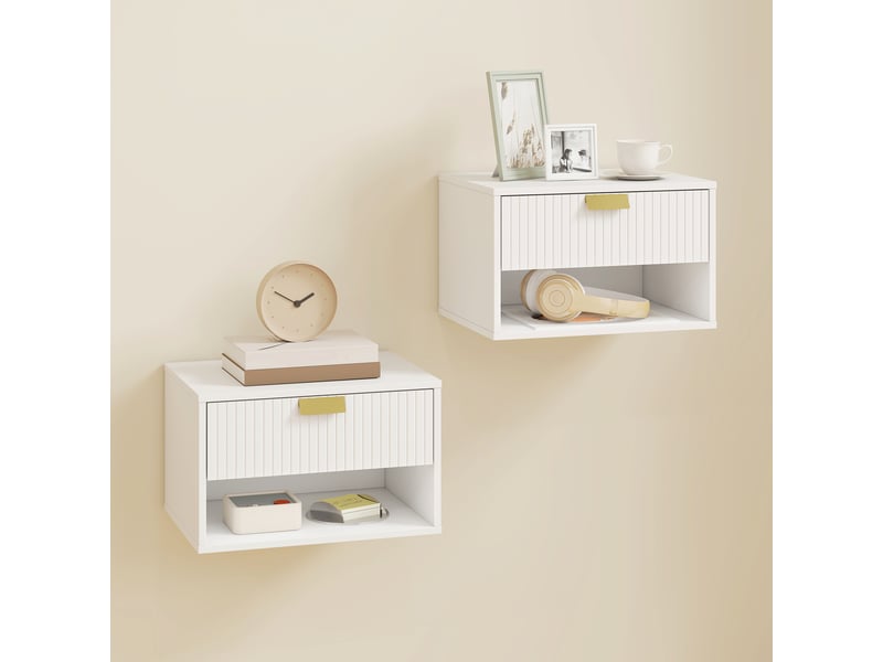  Ensemble de 2 tables de chevet suspendues avec tiroir, façade ondulée et étagère ouverte, design moderne, 40 x 30 x 25 cm, blanc  - Conforama D