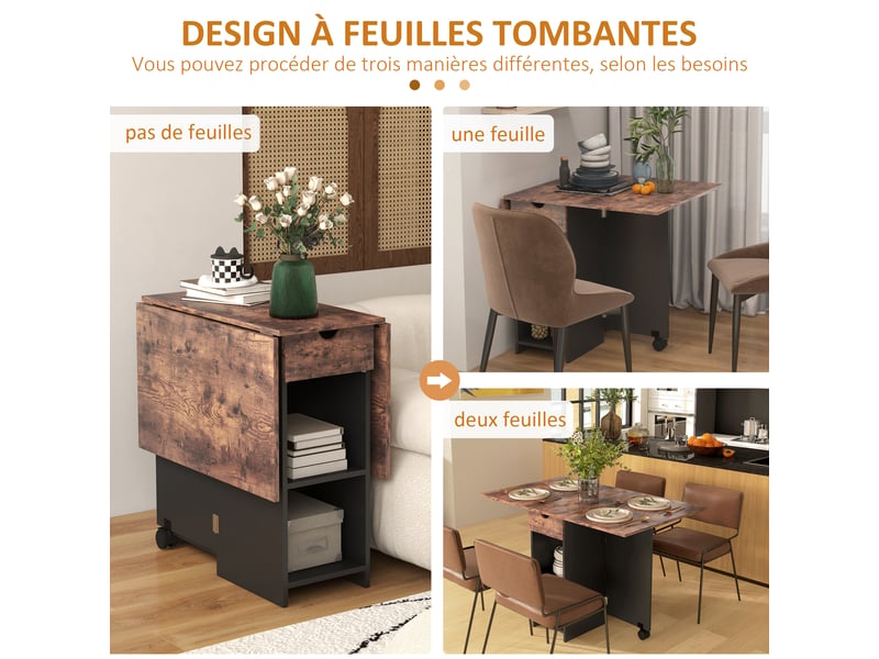  Table à manger pliante table de extensible cuisine pour 2 à 4 personnes 2 abattants 120 x 72 x 75 cm rustique et noir  - Conforama E