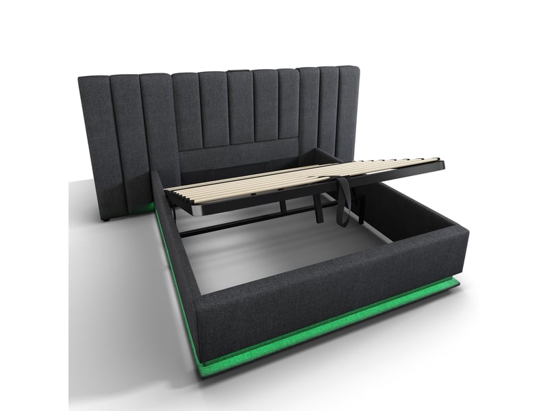 Lit coffre double 180 × 200 cm avec led réglable, 3 usb et port type-c, matelas inclus, en lin gris - Conforama E