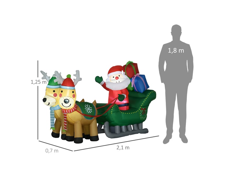  Décoration de noël gonflable père noël avec traîneau et 2 rennes, illuminée par 4 led (210 x 70 x 125 cm).  - Conforama E