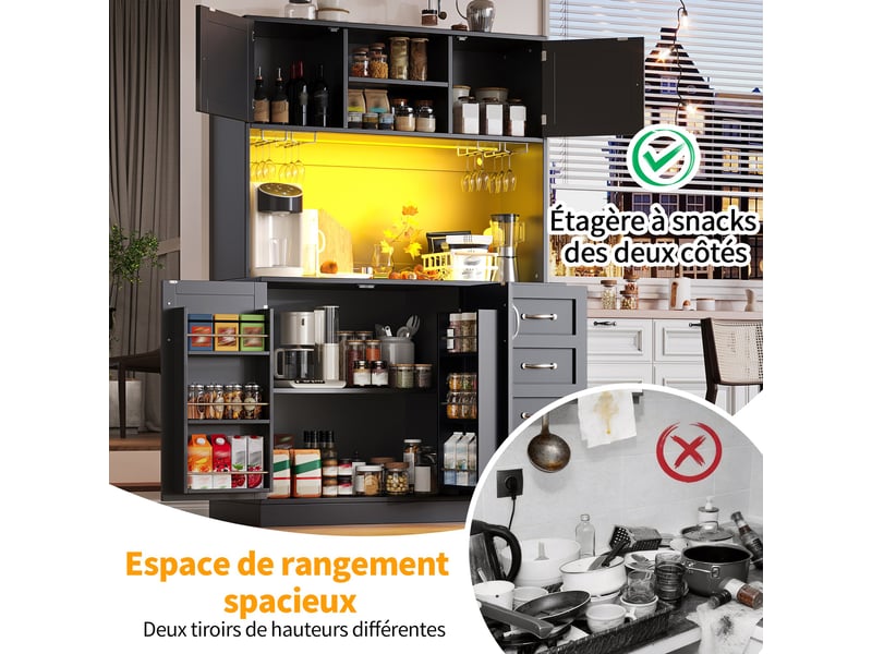  Buffet haut de cuisine noir 120x40x188 cm, meuble de rangement avec led, étagère en-cas, porte-gobelets, 4 portes 2 tiroirs  - Conforama E