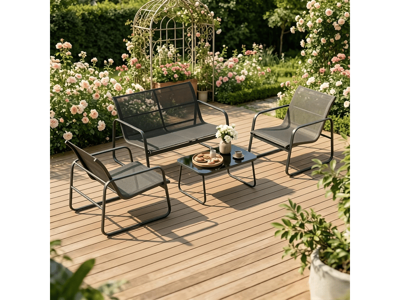  Salon de jardin,4 pièces avec table basse en verre,acier,noir et gris  - Conforama B