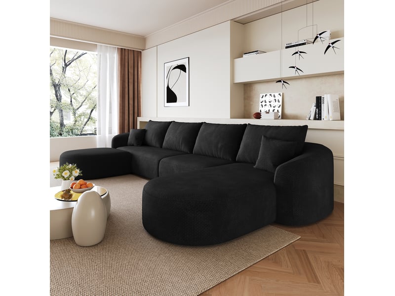  Canapé d'angle en u 6 places en tissu noir, modulaire sans montage, confort moelleux pour salon  - Conforama E