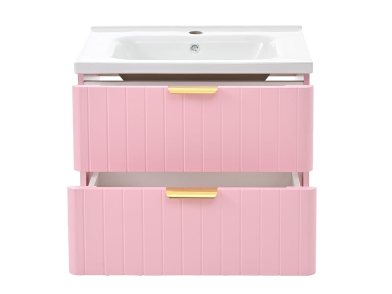 Meuble vasque suspendu rose avec lavabo céramique 60,5 cm - rangement 2 tiroirs gain de place - Conforama A