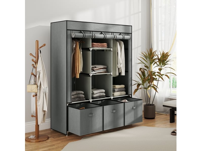 Armoire en tissu avec 2 barres de penderie 3 tiroirs 5 étagères pour chambre et dressing en acier gris clair - Conforama E