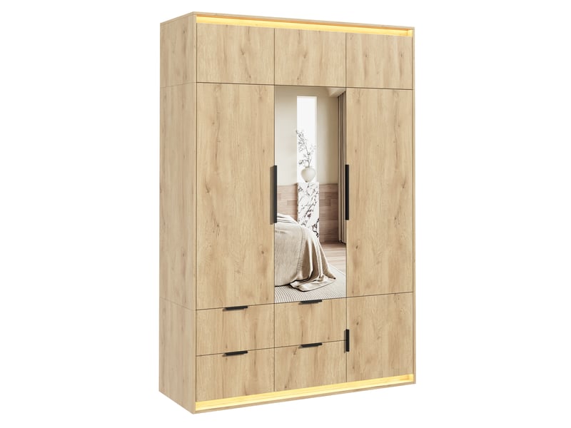 Armoire,135x47x200 cm,3 portes avec miroir, led et 4 tiroirs,mdf,chêne anthracite - Conforama D