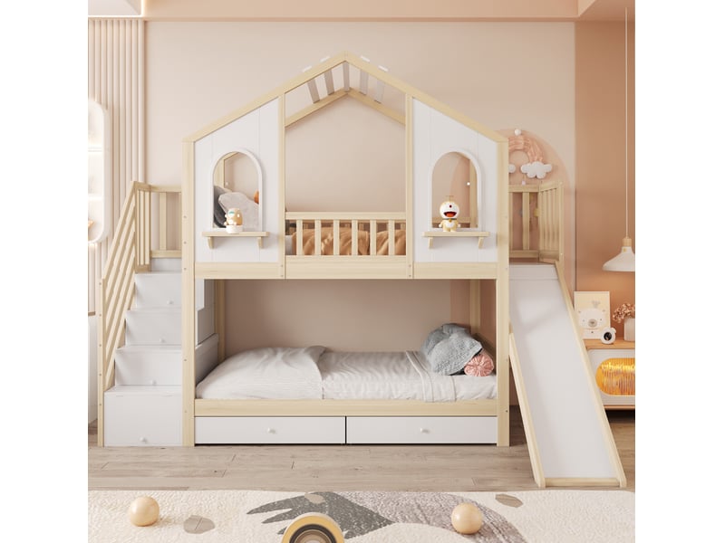  Modenvie lit superposé enfant 90x200 cm - avec toboggan, rangement intégré - pour chambre d'enfant - bicolore  - Conforama B