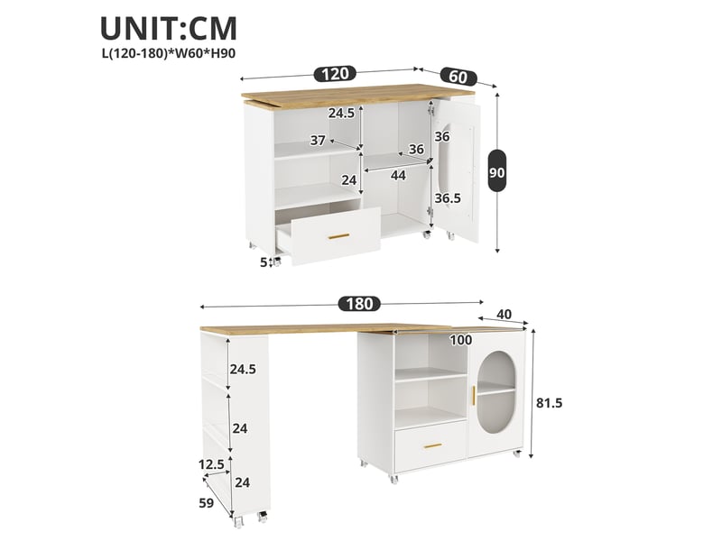 Îlot de cuisine mobile 120 à 180 x 60 x 90 cm - porte en verre cannelé - 1 tiroir - plateau pivotant à 360 degrés - naturel et blanc - Conforama D