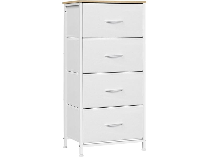 Commode 4 tiroirs, meuble de rangement à tiroirs en tissu, dessus en bois d'ingénierie e1,blanc - Conforama A