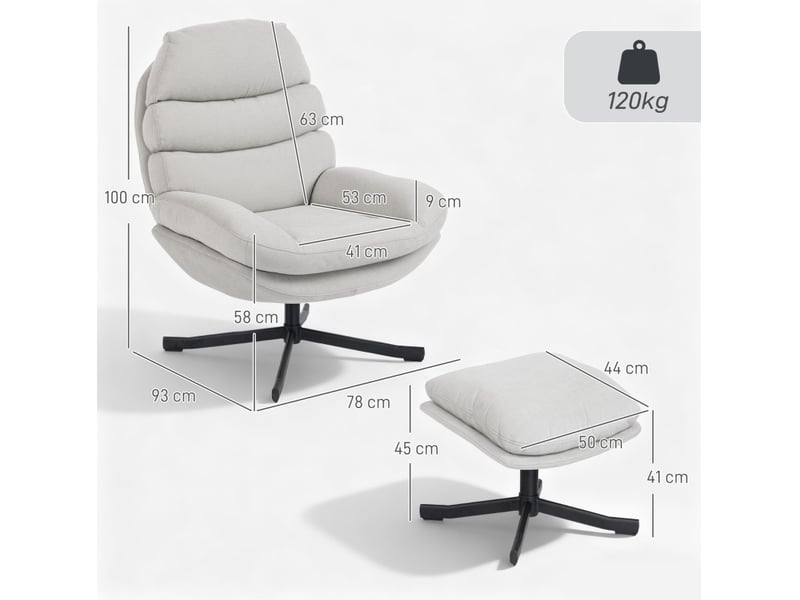  Fauteuil relax pivotant 360° avec repose-pieds en chenille blanc crème 78x93x100 cm  - Conforama C