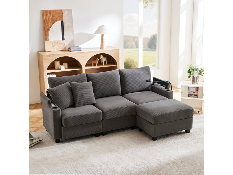  Canapé d'angle réversible fixe 4 places velours côtelé gris canapé d'angle gris - Conforama E