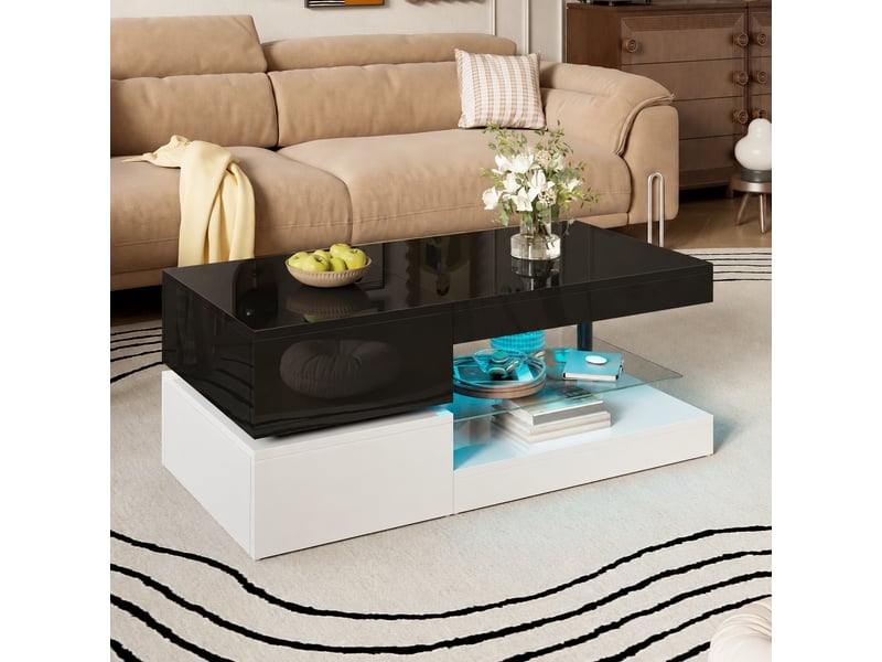  Table basse noire et blanche brillante avec éclairage led, 90 x 45 x 35,5 cm  - Conforama D