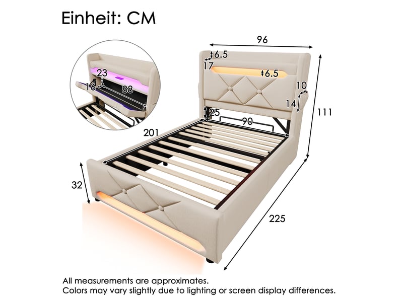  Lit coffre, lit enfant 90x200 cm, rangement hydraulique, tête de lit avec rangement, led 360°, usbusb-c, matelas inclus, lin beige  - Conforama C