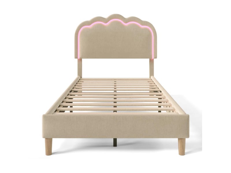 Lit capitonné led 90x190cm lin beige, tête de lit réglable, sommier inclus, éclairage ambiance multicolore, lit simple junior - Conforama R