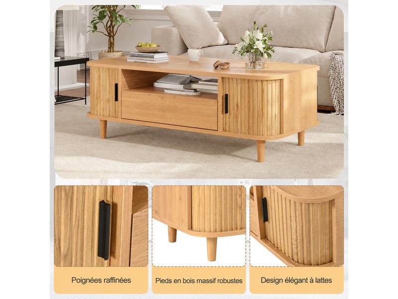  Table basse en bois naturel avec rangement, 1 tiroir, 2 portes tambour, 100 x 50 x 35 cm, coloris bois clair  - Conforama E