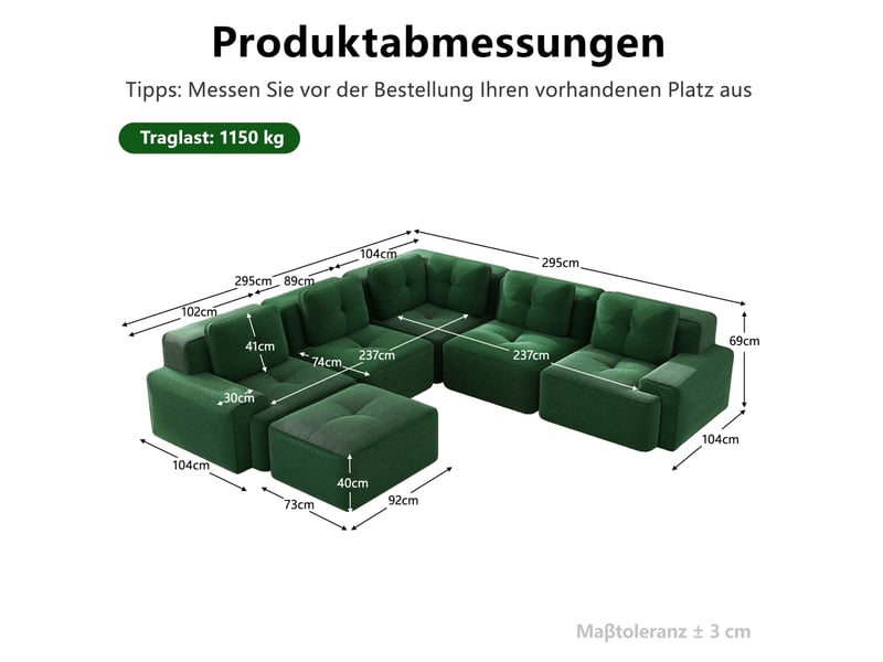  Canapé d’angle modulaire 5 places en velours côtelé vert 295x295 cm  - Conforama C