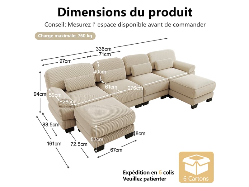  Canapé modulable angle l 4 places 336x161x94 cm, cadre solide, assise profonde, avec pouf, en velours côtelé, beige  - Conforama C