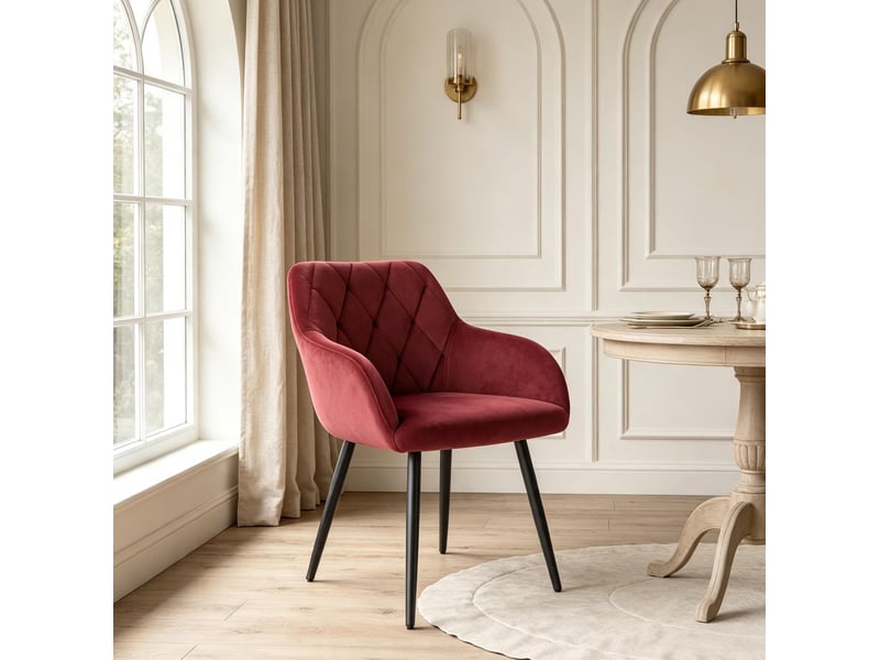  Chaise de salle à manger avec accoudoirs en velours rouge et pieds en métal  - Conforama D