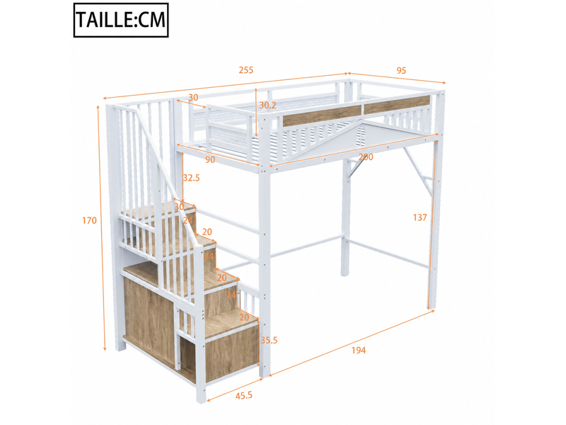 Lit mezzanine 200x90 cm en métal, lit simple avec escalier à rangements et armoire, matelas non précisé - Conforama D