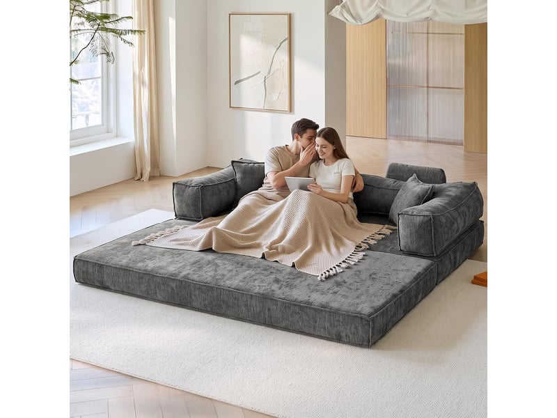  Canapé-lit convertible 3 places, sofa de sol modulaire, coussins amovibles，207x106x68cm，gris foncé  - Conforama C