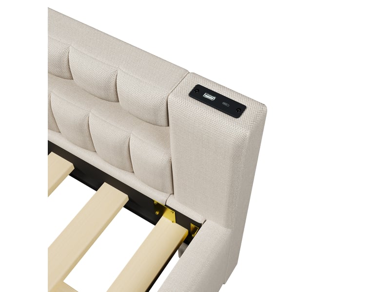  Lit gigogne 140x200 cm led usb type-c mdf beige sans matelas, éclairage télécommandé, lit extensible, revêtement lin  - Conforama E