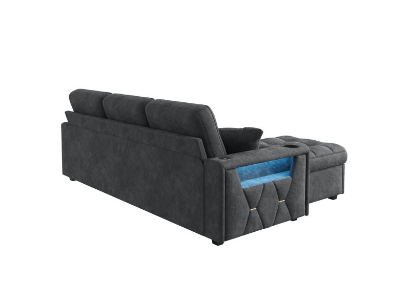 Canapé droit 3 places 194,5x133x83 cm avec 2 tiroirs, pouf de rangement, led, charge rapide, tissu chenille noir - Conforama W
