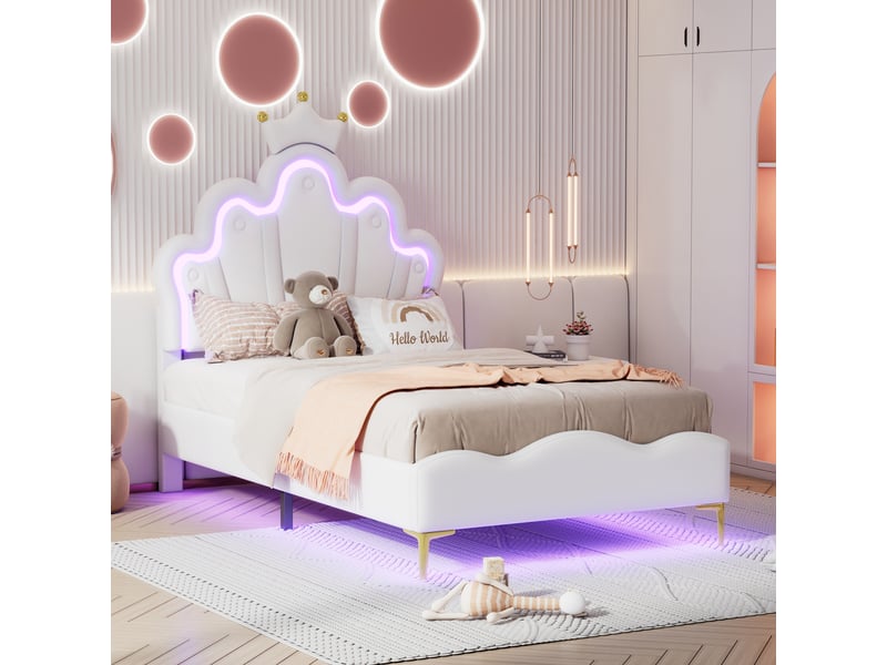  Lit enfant 90x200,lit princesse,lit de couronne,tête de lit en forme de couronne,bande lumineuse led  - Conforama D