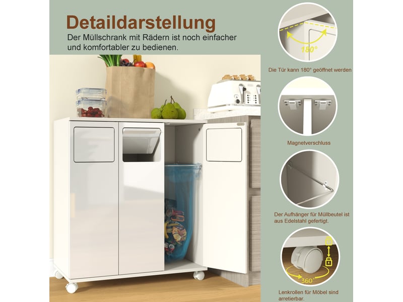  Meuble de tri des déchets 69,3 x 35 x 80,3 cm blanc brillant mdf, 3 portes et roulettes verrouillables  - Conforama D