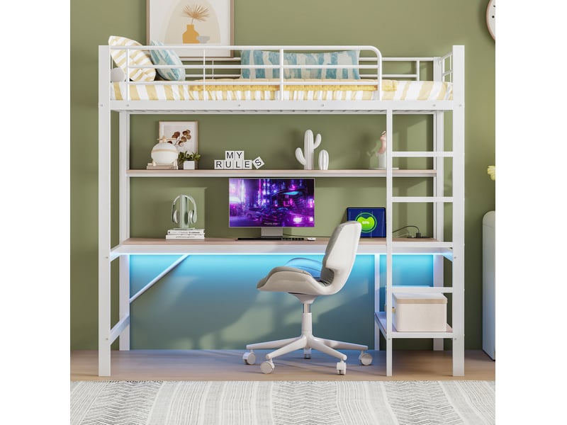  Lit mezzanine enfant 90x200 cm avec bureau, étagères, led et prise usb, blanc  - Conforama B