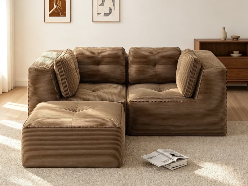  Canapé modulable en l 2 places avec repose-pieds mobile, accueil douillet en velours côtelé, 69 × 208 × 177 cm, marron  - Conforama B