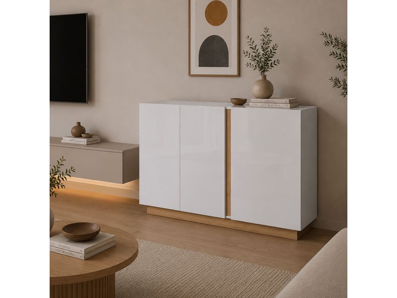  Buffet hala, meuble 3 étagères, 138x40x91h cm blanc brillant Hala - Conforama B