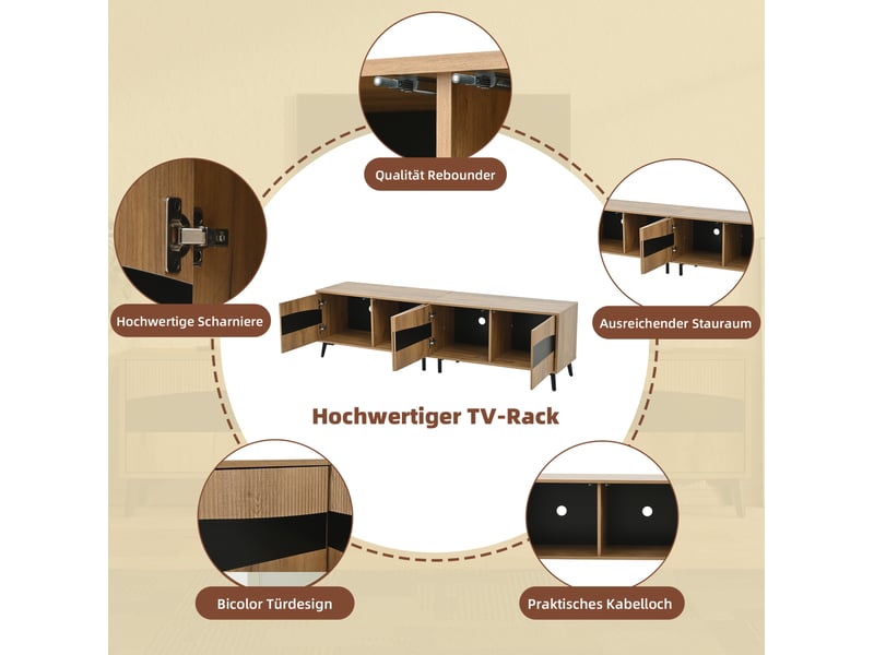  Lowboard tv 180 x 40 x 50 cm – bois naturel et noir – 4 portes, grand rangement pour téléviseur 75 pouces  - Conforama D